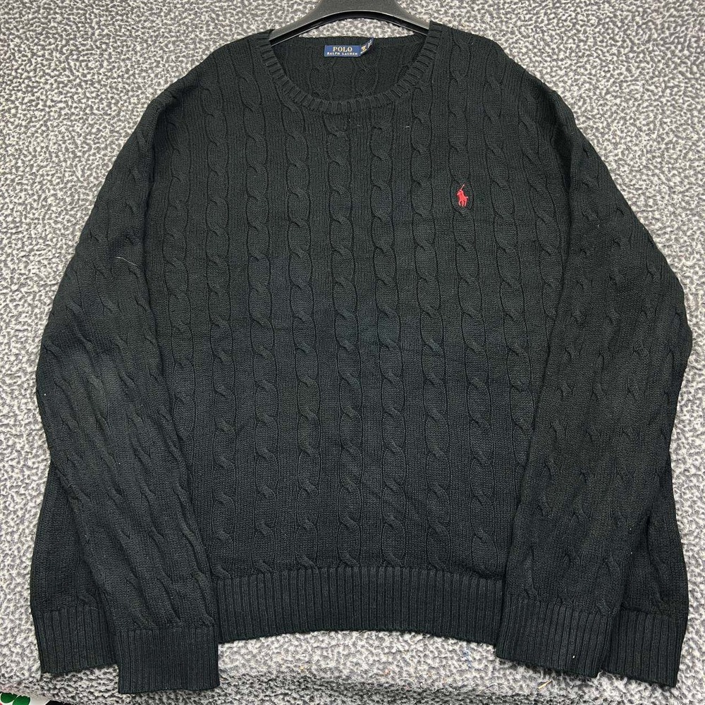 Polo Ralph Lauren Sweater Men 3XB Black Cable Knit Cotton Crewneck Long Sleeve